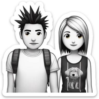 dog and a dark-haired girl with spiky hair looking at each other in style of ((sarah andersen)), black and white sticker