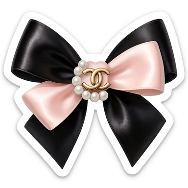 Remove the background, keep only the elegant bow with pearls and gold Chanel logo, glossy, pastel colors, realistic style, with no background. black pink, heart sticker