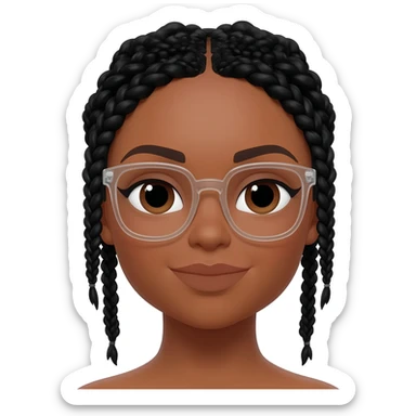 Make her have light brown skin and dark brown eyes with black goddess braids and clear thick glasses sticker