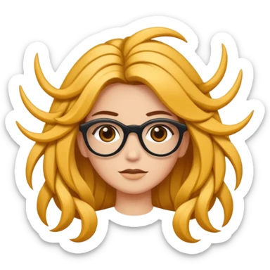 Uma garota de cabelos encaracolados compridos e mechas bem loiras, com pele morena  e óculos sticker