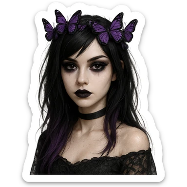 emo girl with dark hair, purple highlights, gothic makeup, butterfly crown, mysterious and elegant sticker