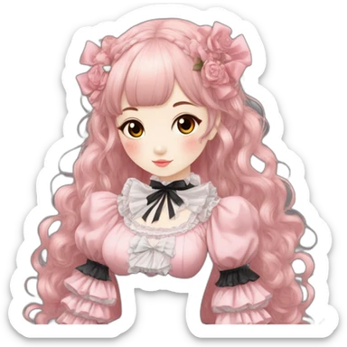 Vestido rosa pastel y negro gothic lolita, cuerpo completo, color de piel morena, pelo largo, pelo de color rojo y negro sticker