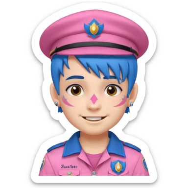 scout boy with very pink scout uniform, blue haired and hat, heavy face tattoed sticker