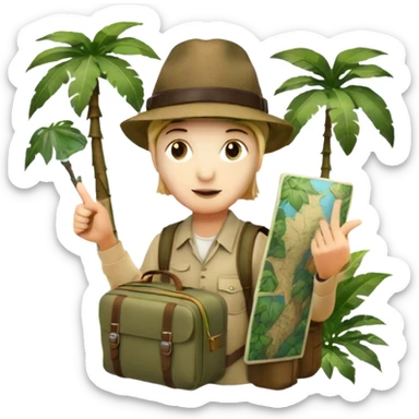 Icon for Travel Documentary: A vintage TV-style design with a traveler pointing backward, telling a story in the jungle. Include lush greenery, exotic animals, and a backpack. The traveler should be wearing a hat and holding a map. Retro, informative TV style. Transparent background. sticker