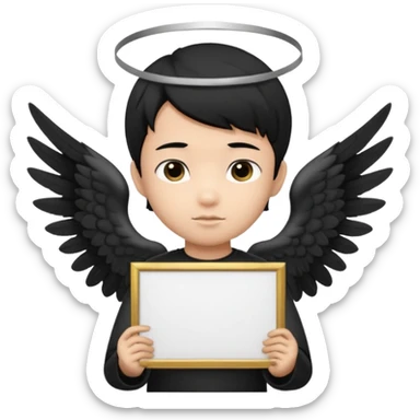 Asian Boy Angel with black hair black halo and black wings holding a large blank sign sticker