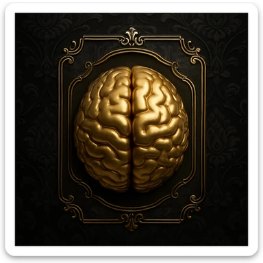 3d metallic gold brain icon, symbolizing common sense, on a dark black Victorian silk patterned background with gothic florals. The brain is classic, arcane, and mysterious, inside a thin ornate frame that follows the brain's shape, with a spotlight effect on the interior. High definition, elegant, and mysterious. sticker