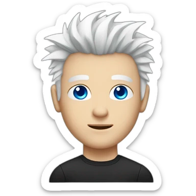 White male with spiky white hair with bright blue eyes wearing a black compression shirt sticker