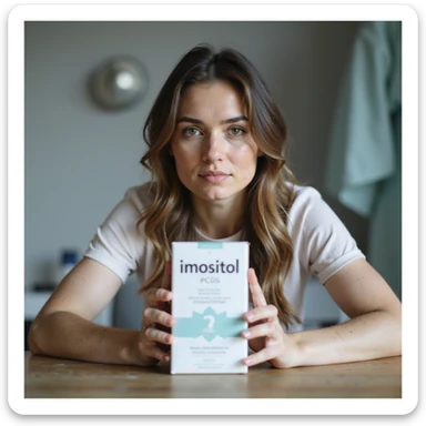 realistic photo of a woman with PCOS sitting at a table, showing a box of inositol towards the camera, face with acne marks, chin facial hair, thin hair, clinical environment, soft light sticker
