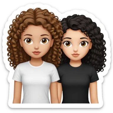2 pretty bratz fair girls. One has straight brown hair and is tan, wearing a white tshirt. One is fair with curly black hair, wearing a black tshirt  sticker