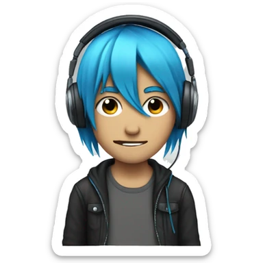 Emo with blue hair and a headphones and unsmile sticker
