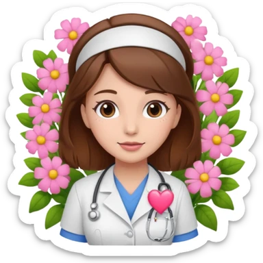 Brown hair Nurse with pink heart and flowers surround her sticker