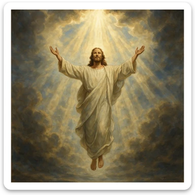 Jesus' ascension, figure rising with open arms, sky dramatically opening with beams of light, spiritual and hopeful sticker