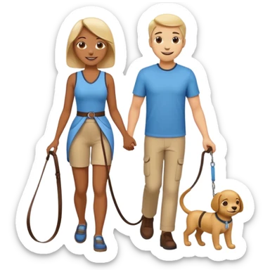 cartoon-style woman leading a man on a leash, both smiling, simple and bold lines, emoji style, transparent background sticker