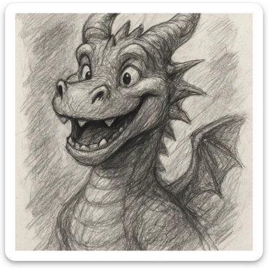 a friendly dragon with a big smile, pencil sketch style sticker