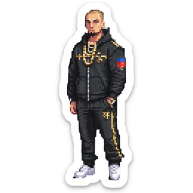 Russian gangster wearing a tracksuit and gold chain, pixel art style sticker