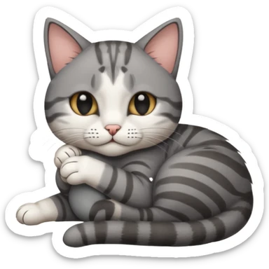 dark grey and white small cat with his eyes closed, leaning his head on his paw while leaning on his elbow lying down sticker