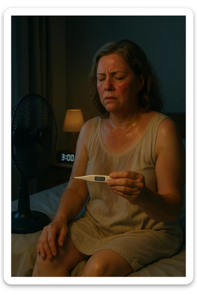 50-year-old woman sitting on bed at 3AM, nightgown soaked in sweat, face flushed as she holds thermometer showing 37.8°C, fan blowing directly on her sticker