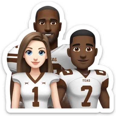 Beautiful girl, pale skin, blue eyes, long straight beautiful light brown hair, wearing Texas Longhorn football cheerleading uniform, standing next to handsome black man with short black hair wearing Texas longhorn football jersey sticker