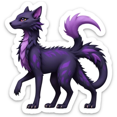 Kawaii dark black purplish blackish edgy fantasy ethereal feline-vernid-sergal-fursona animal creature with a tufted tail full body with intricate markings  sticker