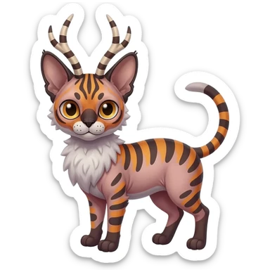 A Colorful  exotic tropical tribal cute happy realistic esoteric patterned fluffy furry dark caracal-Lykoi-bobcat-sphynx-genet-serval-Fakémon-fursona-hybrid-fusion-animal-creature, full body, 4-legged with striped antlers sticker