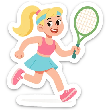 Barbie in a sporty outfit, energetic, ponytail, holding a tennis racket, bright and cheerful sticker