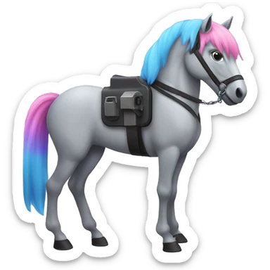 Gray horse with PINK and BLUE hair. One of its two front legs is a VIOLET LASER GUN sticker