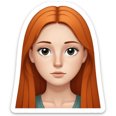 woman with straight long hair, deep black eyes, minimal makeup, and freckles on cheeks and nose sticker