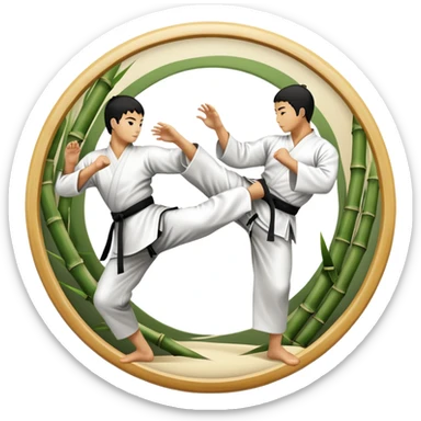 An icon symbolizing Eastern martial arts in the style of an emblem, featuring a black-and-white Yin-Yang symbol at the center. A martial artist is performing a fluid kick, surrounded by elements like a dojo and bamboo. Transparent background highlights balance and harmony. sticker