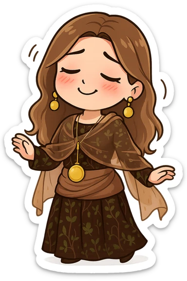 Kurdish cartoon sticker of the same woman in the new dress, tipsy or slightly drunk, rosy cheeks, relaxed smile, swaying, no text, transparent background sticker