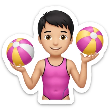 Hawaiian boy with black hair with pink highlights and a swimsuit, with beach ball sticker