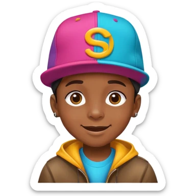 black kid with a colorful hiphop hat, happy face sticker