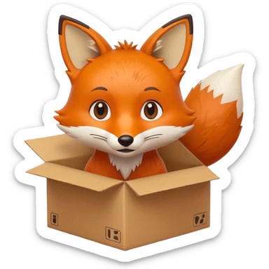 charming fox with a tilted head in a cardboard box, cheerful, kids toy aesthetic sticker