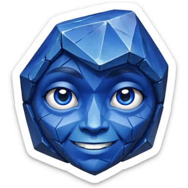 A single sapphire-blue faceted rock head, chunky and worn, with very visible big cracks and chipped facets but still shiny, big kind eyes and a confident smile sticker