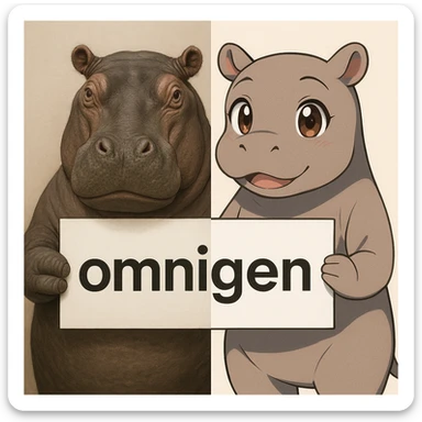 two hippo holding sign of omnigen, half picture 1 hippo is realistic another half is the anime of that same second hippo sticker
