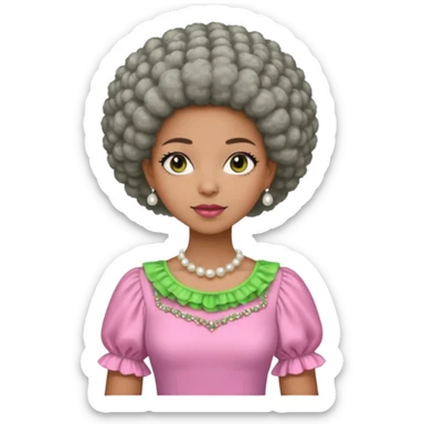 Pretty Brown woman with a very very short stylish gray Afro  wearing pink and green dress  and pearl blouse with sleeves sticker