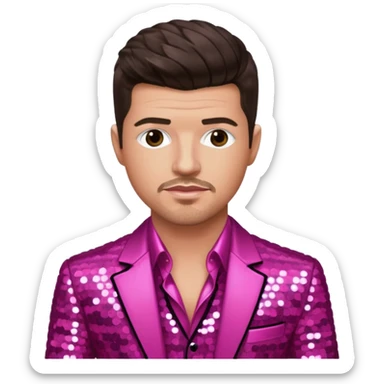 Robin Thicke with dark brown hair, dark pink sequin outfit, light skin sticker