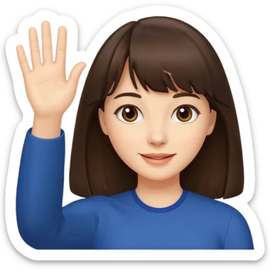 brunette woman with bangs and long hair waving, cheerful sticker