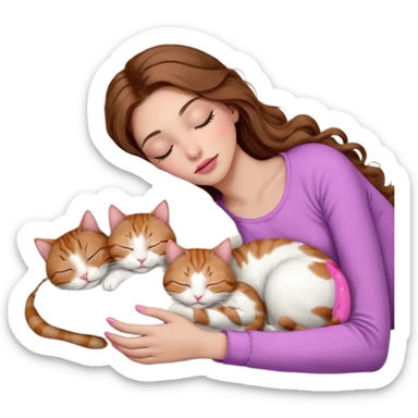 girl with long wavy brown hair, brown eyes, long lashes makeup, sexy pink lips, light to medium complexion,  sleeping on a cozy pillow, with 6 cats: 1 brown and white tabby cat, 1 ginger and white, 2 grey and white, 1 grey with white mittens and small white patch on chest and 1 calico, sleeping sticker
