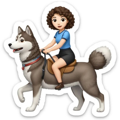 cute woman short tight curly brown hair riding big husky dog sticker
