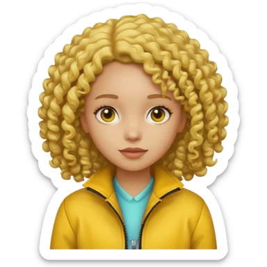 girl with yellow jacket, curly hair sticker