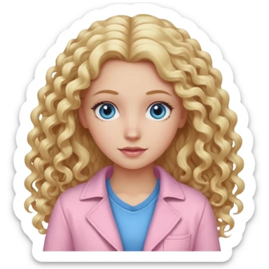 A white girl with long blonde curly hair and  eyes wearing light pink sticker