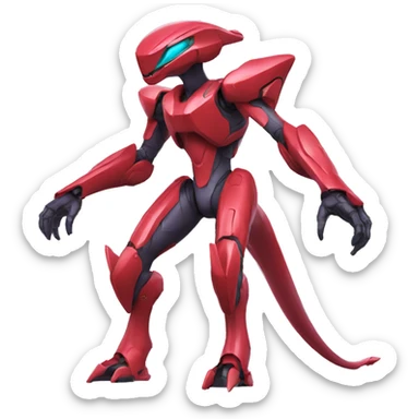 a shiny red Genesect-Raptor-Fakémon—hybrid with a futuristic visor-helmet full body sticker