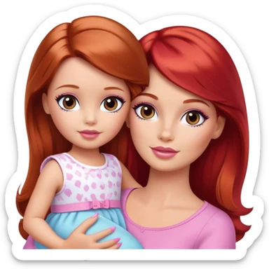 Barbie girl with makeup with brown hair with baby daughter girl with red hair by the hand sticker