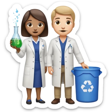 an otter disguised as a woman picking up trash bins, next to a man mad scientist sticker