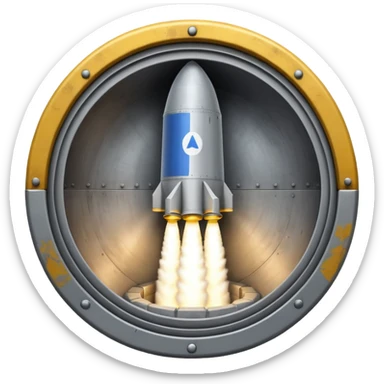 grey missile silo hatch open, and the top two thirds of a white nuclear missile launching out of the silo is shown sticker