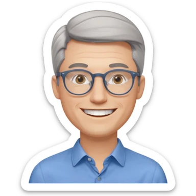 30 yr old pale white man, grey side swept hair, round glasses, big smile, white teeth, handsome, longer hair, thin glasses, blue dress shirt, no tie, stylish hair sticker