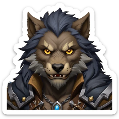Cinematic Realistic WoW Worgen Portrait, depicted as a fearsome blend of man and beast, with rugged, dark fur intermingling with tanned, weathered skin. His piercing amber eyes and fierce expression are framed by disheveled hair and subtly detailed, worn leather attire in dark, consistent hues. Rendered with lifelike texture and dramatic, natural lighting, high shine, noble and formidable, capturing the primal nobility of a legendary worgen warrior. sticker