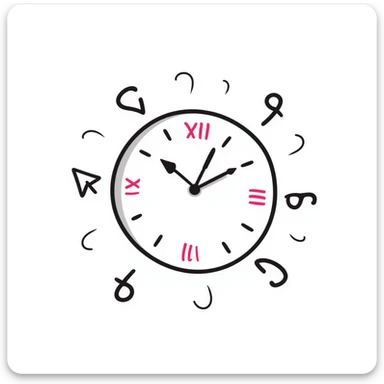 hand-drawn doodle of a clock with numbers flying, pink accents, playful sticker