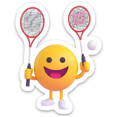 3D smiley emoji, round shape, with badminton racket and shuttlecock, sporty face sticker