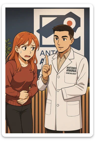 su questo stile fai un manga/webtoon a colori in cui una donna PREOCCUPATA FA UNA DOMANDA ALL'UOMO, l'uomo della foto in stile manga LE DICE DI "NO" CON IL DITO, mantieni un ambiente simile alla foto che ho allegato con il suo logo (sarebbe il suo studio, lui è un kinesiologo), scrivigli "ANTONIO ANANIA" sul camice bianco, non mettere fumetti, ma fai in modo che sembri che la donna CHIEDA ALLARMATA E L'UOMO LA TRANQUILLIZZI sticker